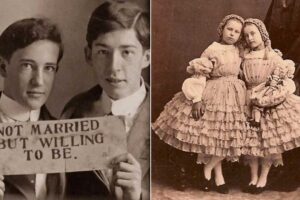Split image: Left—two young men in old-fashioned suits hold a sign reading "NOT MARRIED BUT WILLING TO BE." Right—two young girls in matching, frilly dresses stand close together, likely from the 1800s.