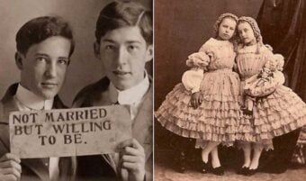 Split image: Left&mdash;two young men in old-fashioned suits hold a sign reading "NOT MARRIED BUT WILLING TO BE." Right&mdash;two young girls in matching, frilly dresses stand close together, likely from the 1800s.