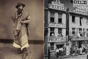 A split image: left side shows a bearded man in 19th-century attire with a hat, shawl, and boots; right side shows a historic building with printer signs and people standing at windows and on the sidewalk.