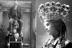 On the left, four men pose humorously on a ladder, stacked on each other's backs. On the right, a woman in ornate traditional clothing and an elaborate crown looks to the side. Both images are in black and white.