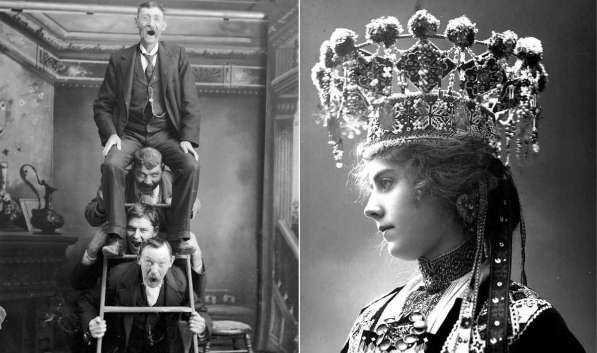 On the left, four men pose humorously on a ladder, stacked on each other's backs. On the right, a woman in ornate traditional clothing and an elaborate crown looks to the side. Both images are in black and white.