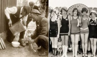 Split image: Left shows two men using a funnel to fill bottles, possibly with alcohol, during Prohibition. Right shows a group of women in vintage swimsuits and headbands, one holding a parasol, posing outdoors.
