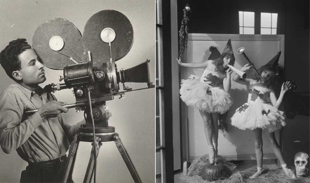 On the left, a vintage photo of a man operating a large film camera. On the right, two girls in witch costumes and tutus pose playfully on a set decorated with straw and a skull.