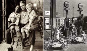 A black-and-white split image: left, a man sits with two children on his lap; right, children wearing helmets refuel small pedal cars at old-fashioned gas pumps.