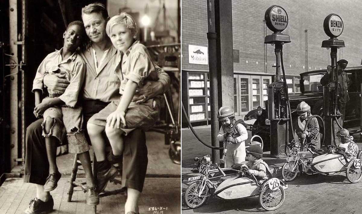 A black-and-white split image: left, a man sits with two children on his lap; right, children wearing helmets refuel small pedal cars at old-fashioned gas pumps.