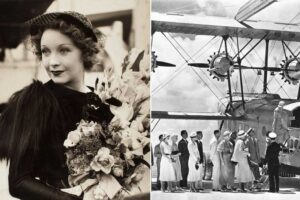 Left: A woman in vintage attire holding a large bouquet of flowers. Right: A group of people in 1930s clothing boarding a seaplane, with two propellers visible, on a sunny day.