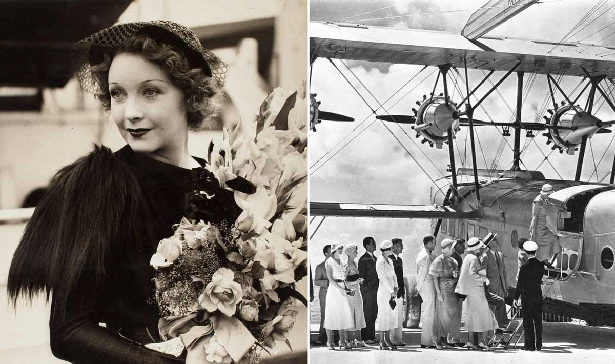 Left: A woman in vintage attire holding a large bouquet of flowers. Right: A group of people in 1930s clothing boarding a seaplane, with two propellers visible, on a sunny day.