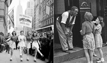 A split image: on the left, women in skirts skate in a parade holding a sign urging people to "Skate to Work, Save Gas"; on the right, a man bends down to talk to two young girls on a city street.