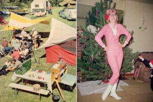 Split image: On the left, a group of people enjoys a picnic at a campsite with tents and tarps. On the right, a woman in a pink striped onesie poses by a Christmas tree as a young child reaches for an ornament.