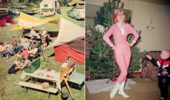 Split image: On the left, a group of people enjoys a picnic at a campsite with tents and tarps. On the right, a woman in a pink striped onesie poses by a Christmas tree as a young child reaches for an ornament.