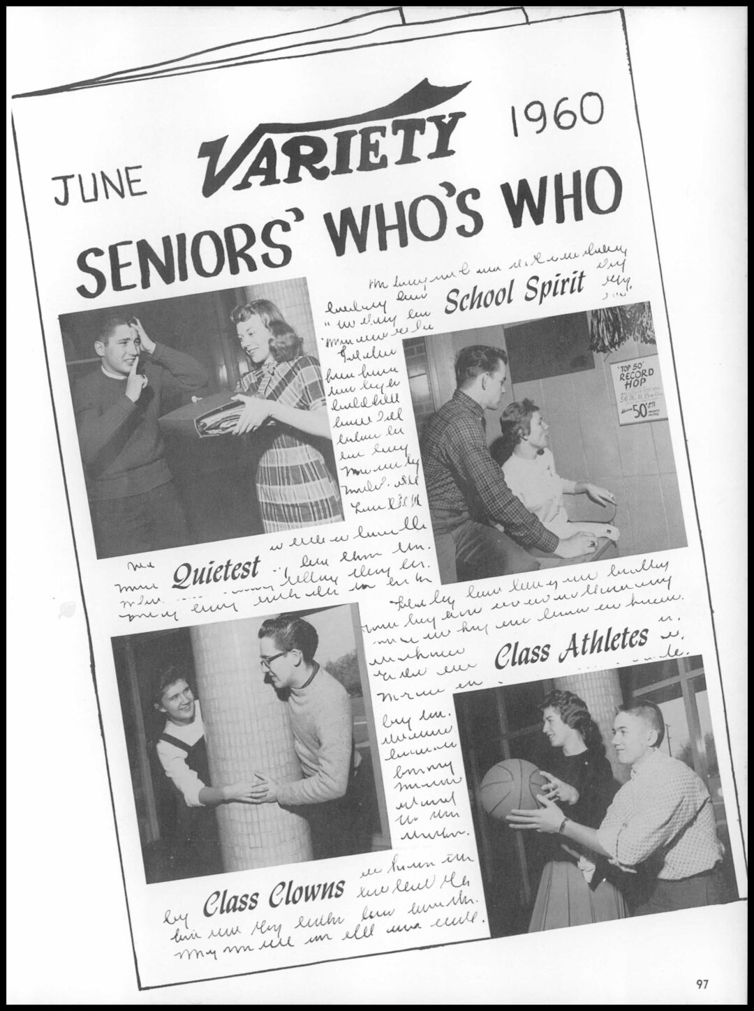 A black-and-white yearbook page from June 1960 titled "Seniors' Who's Who" features four categories: School Spirit, Quietest, Class Athletes, and Class Clowns, each with photos of students in candid poses.