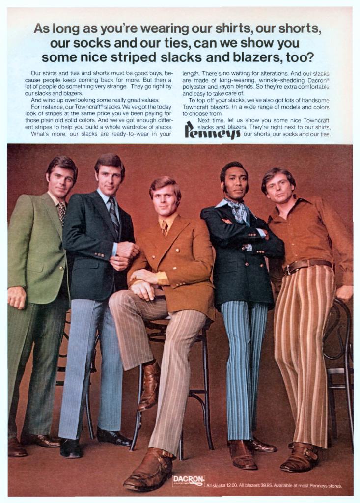 Five men stand in a row modeling colorful 1970s suits, including striped slacks, blazers, shirts, and ties, against a green and beige background. Text above and below promotes the Towncraft clothing line.