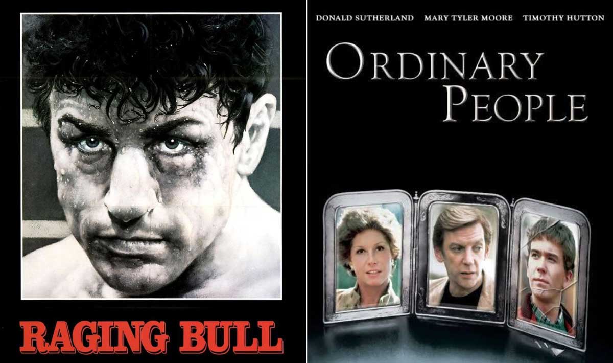 Split image: On the left, a black-and-white close-up of a bruised man with "Raging Bull" in red text; on the right, three framed portraits under the title "Ordinary People" with actors’ names above.