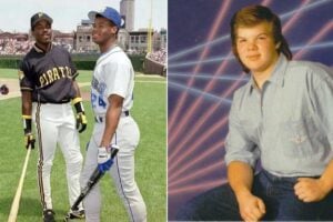 Two side-by-side photos: on the left, two baseball players in uniforms with bats on a field; on the right, a young man in a denim shirt poses in front of a backdrop with pink and blue laser beams.