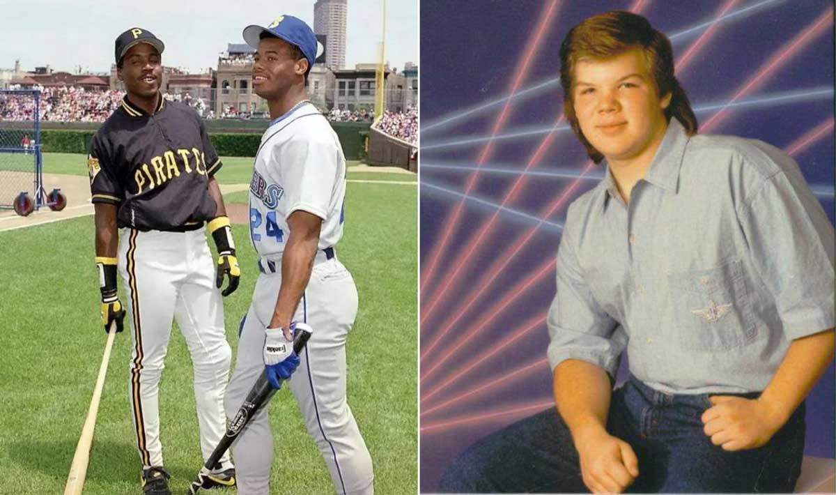Two side-by-side photos: on the left, two baseball players in uniforms with bats on a field; on the right, a young man in a denim shirt poses in front of a backdrop with pink and blue laser beams.