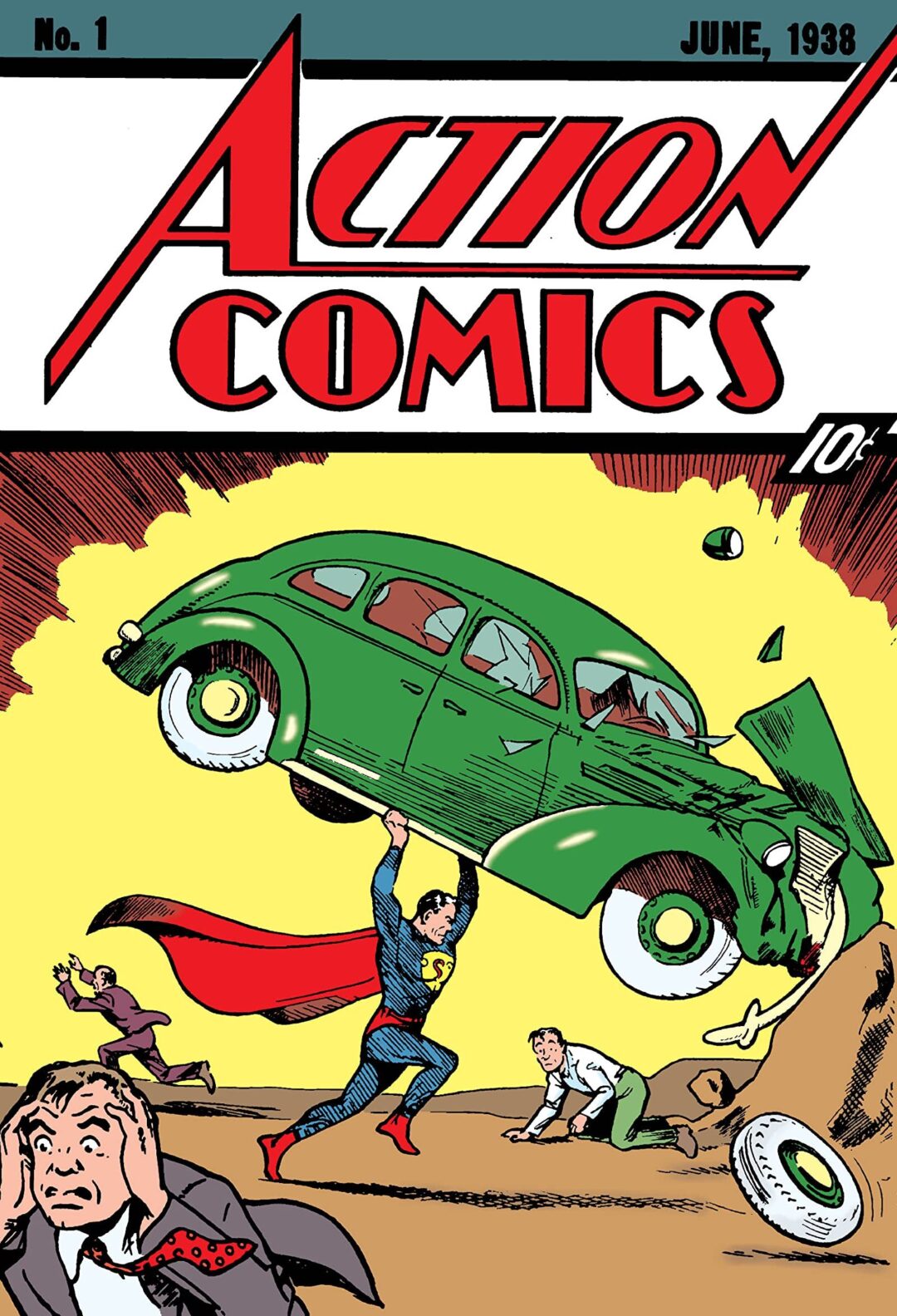 Comic book cover shows a superhero lifting a green car over his head while people react in shock and fear; the background is yellow with the title “Action Comics” at the top.