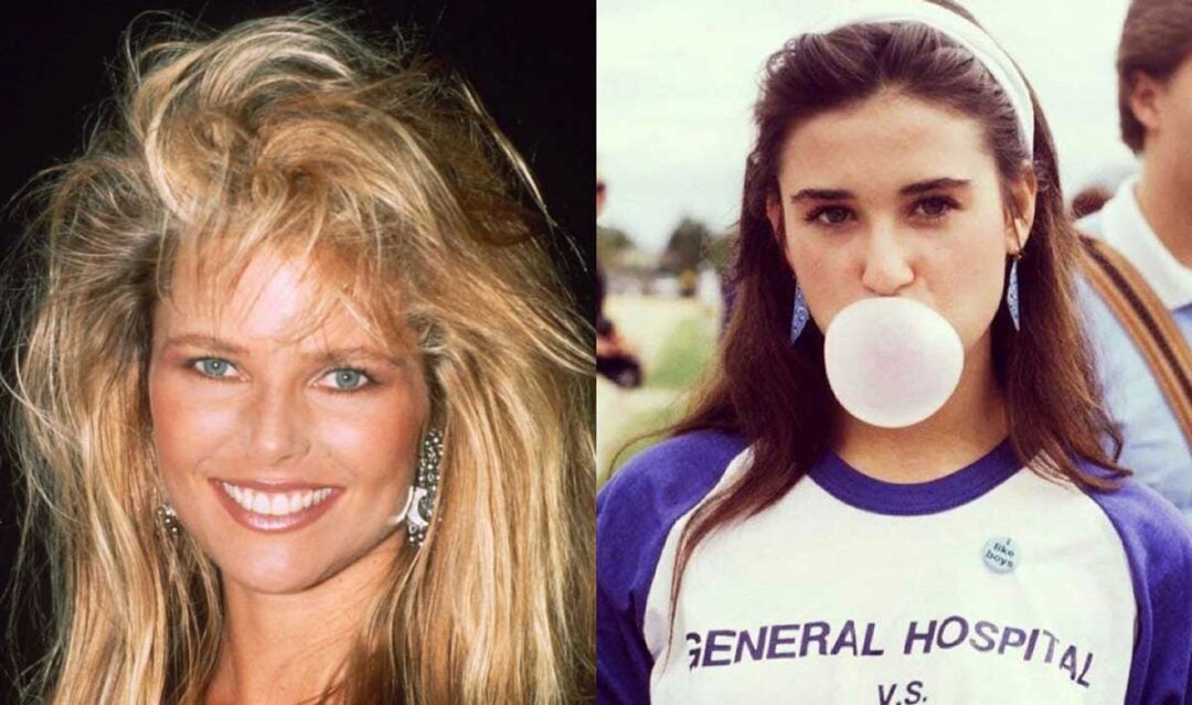 Split image: Left, a smiling woman with voluminous blonde hair. Right, a young woman with dark hair blows a bubblegum bubble, wearing a "General Hospital vs." T-shirt outdoors.