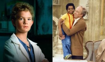 Split image: On the left, a young person in a white lab coat stands with a serious expression. On the right, an older man hugs a smiling child wearing a yellow shirt and red suspenders in a cozy indoor setting.