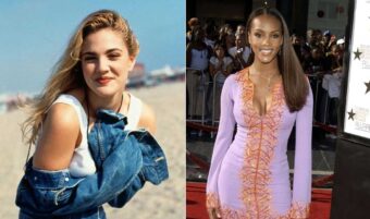 A split image: on the left, a woman with light skin and blonde hair smiles at the beach, wearing a denim jacket; on the right, a woman with dark skin and straight hair poses on a red carpet in a light purple dress.