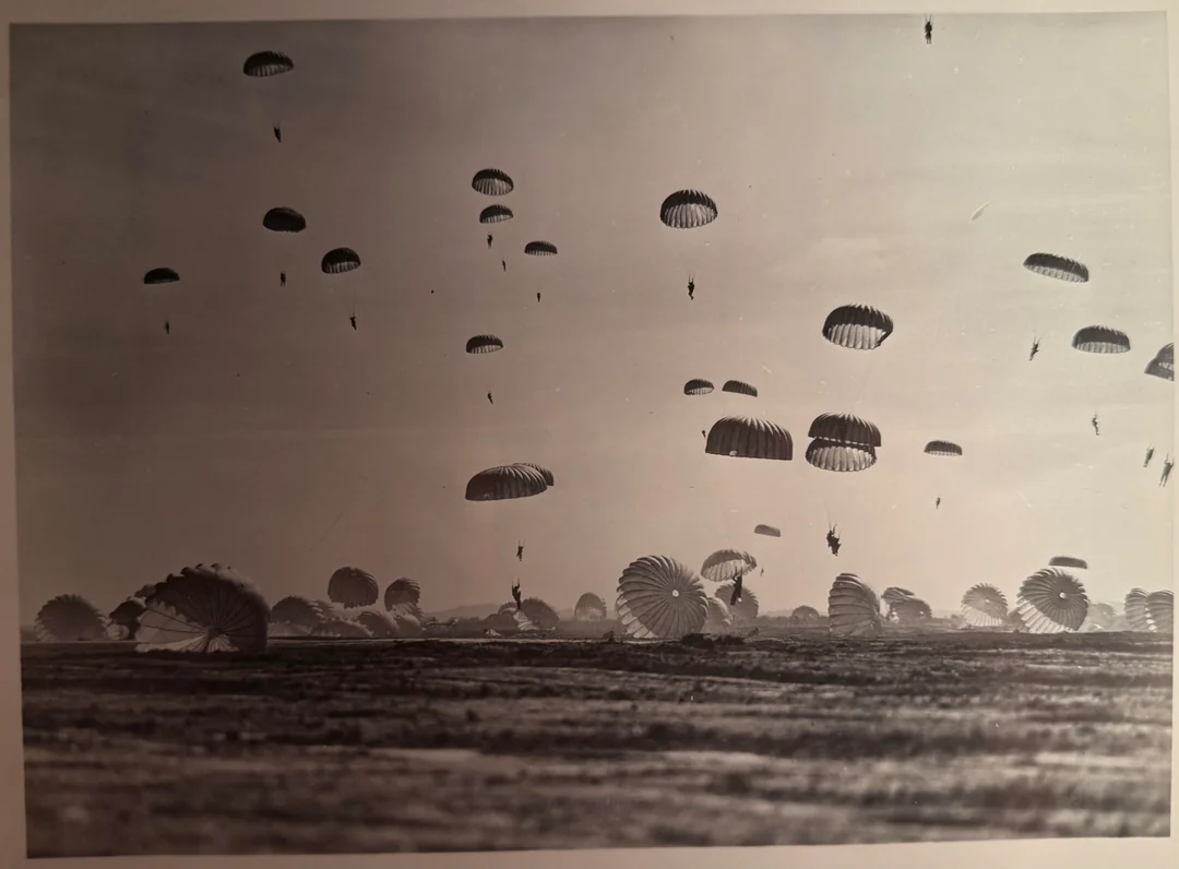 Dozens of parachutists descend from the sky, their parachutes open, while others have already landed on a flat, open field. The scene appears to be a large-scale parachute jump, possibly military.