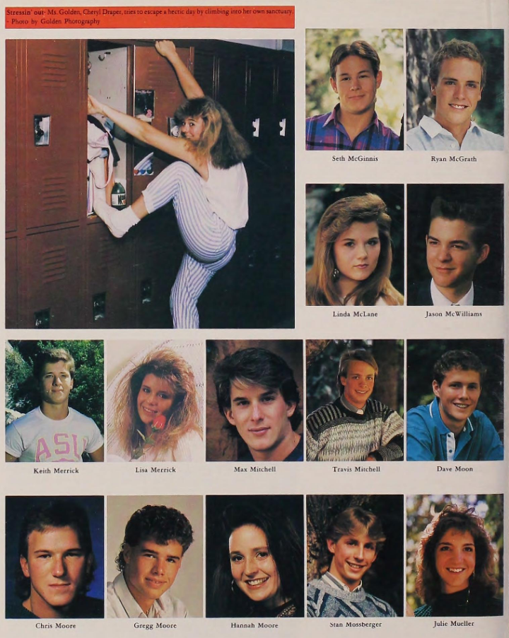 A teenage girl climbs into a school locker while smiling, surrounded by a collage of yearbook-style headshots of boys and girls, all smiling, with various hairstyles and outfits.