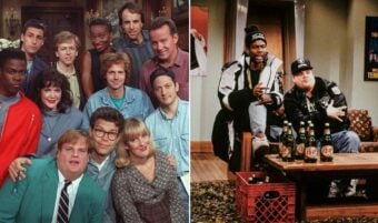 A split image: On the left, a group photo of 1990s SNL cast members, smiling in casual outfits. On the right, two men in streetwear sit on a couch with 40 oz bottles, recreating a comedy skit set.