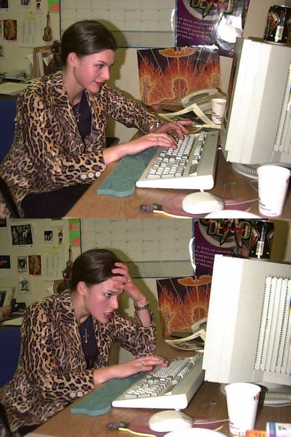 Two-panel image: A woman in a leopard-print jacket types confidently at a desktop computer in the top panel, then looks frustrated with her hand on her head in the bottom panel. Office desk and posters are visible.