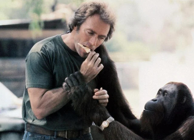 A man in a green t-shirt eats a sandwich while an orangutan beside him holds his arm and looks at him; the orangutan is wearing a wristwatch.
