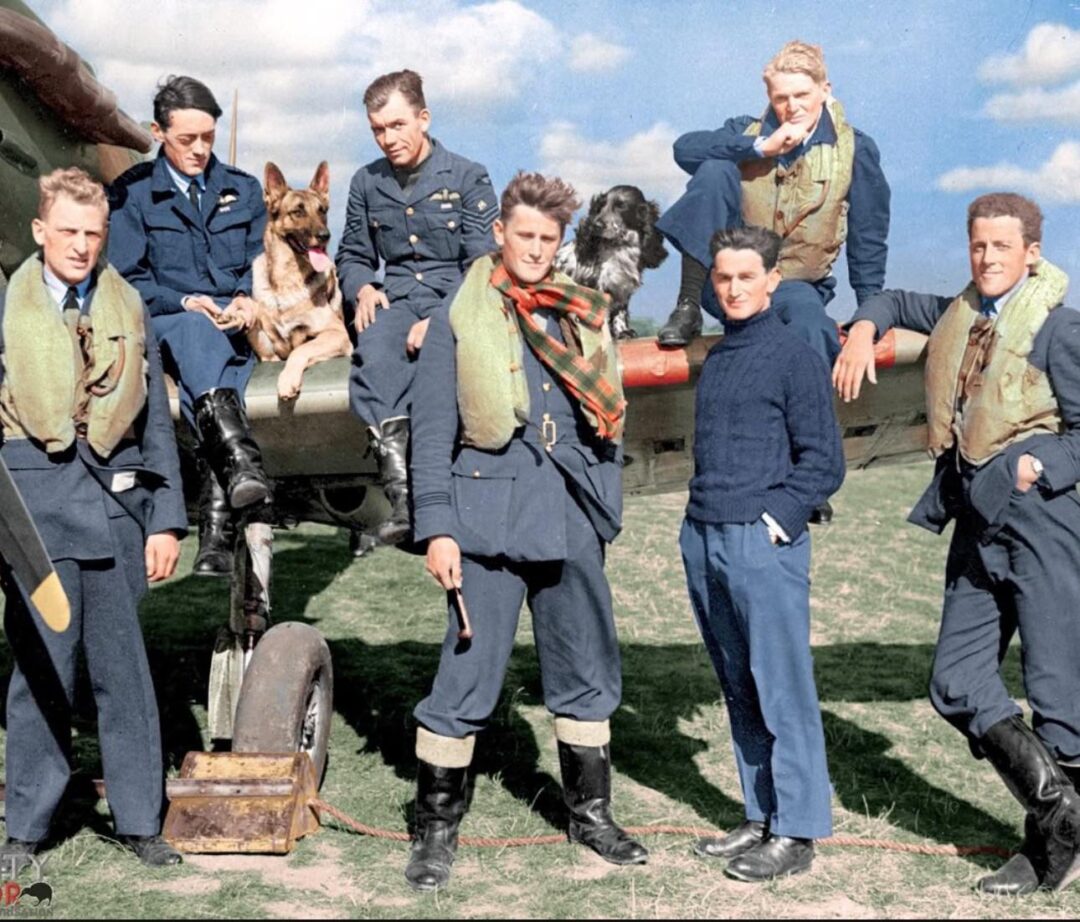 Seven WWII-era airmen in blue uniforms pose by an aircraft with two dogs; some are standing while others sit on the wing. All wear life vests, and the sky is partly cloudy above them.