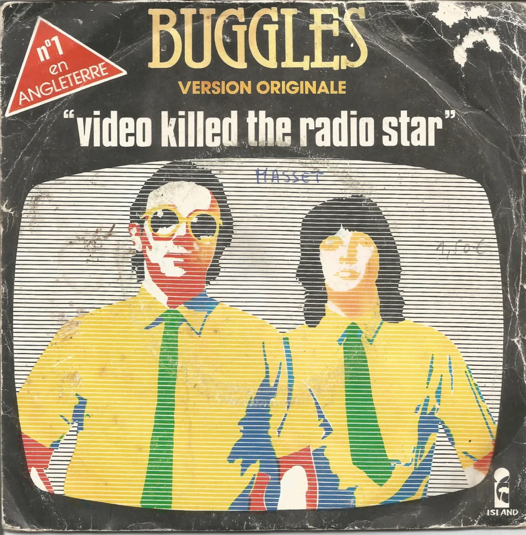Cover of the single "Video Killed the Radio Star" by Buggles, featuring two illustrated figures in yellow shirts and green ties against a striped background, with text and wear marks on the sleeve.