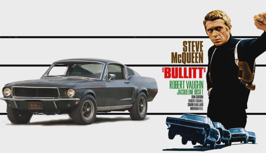 A black 1968 Ford Mustang and a poster for the film "Bullitt" featuring Steve McQueen's character, bold text, and two cars in a dramatic chase scene at the bottom.