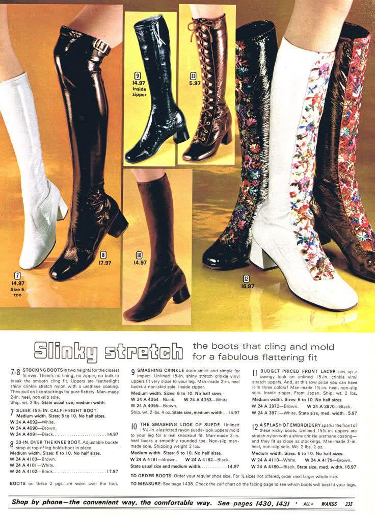 A vintage catalog page features various knee-high women's boots in styles like shiny white, brown, black, floral, and lace-up, with prices listed and descriptions below each boot.