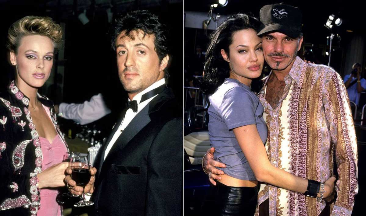 Two photos side by side: On the left, a woman in a decorative jacket and a man in a tuxedo pose together at an event, holding drinks. On the right, a woman hugs a man in a patterned shirt and cap at an outdoor gathering.