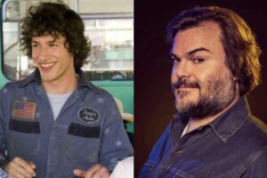 Split image: On the left, a man with curly hair smiles while wearing a blue work shirt with patches. On the right, a bearded man with medium-length hair looks at the camera, also wearing a denim shirt against a dark background.