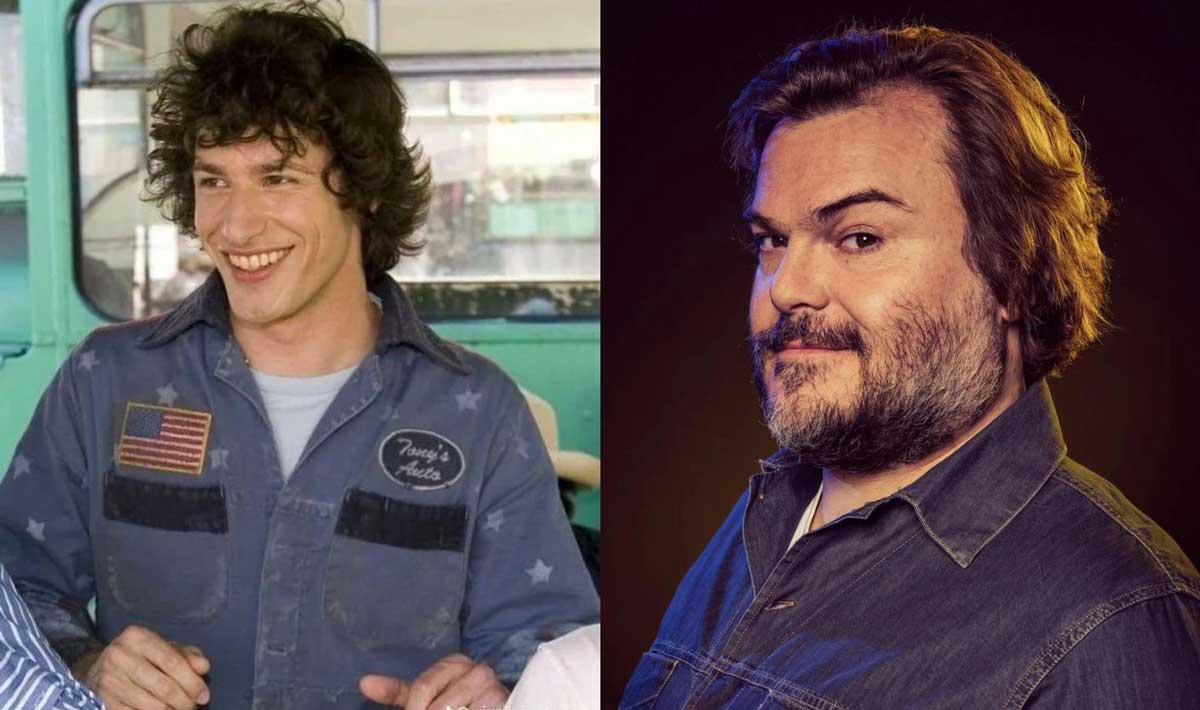 Split image: On the left, a man with curly hair smiles while wearing a blue work shirt with patches. On the right, a bearded man with medium-length hair looks at the camera, also wearing a denim shirt against a dark background.
