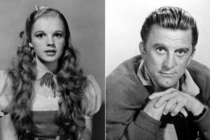 A black-and-white split image: on the left, a young woman with long wavy hair, wearing a blouse and bow; on the right, a man with neatly styled hair, resting his arms on a chair and looking at the camera.