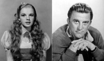A black-and-white split image: on the left, a young woman with long wavy hair, wearing a blouse and bow; on the right, a man with neatly styled hair, resting his arms on a chair and looking at the camera.