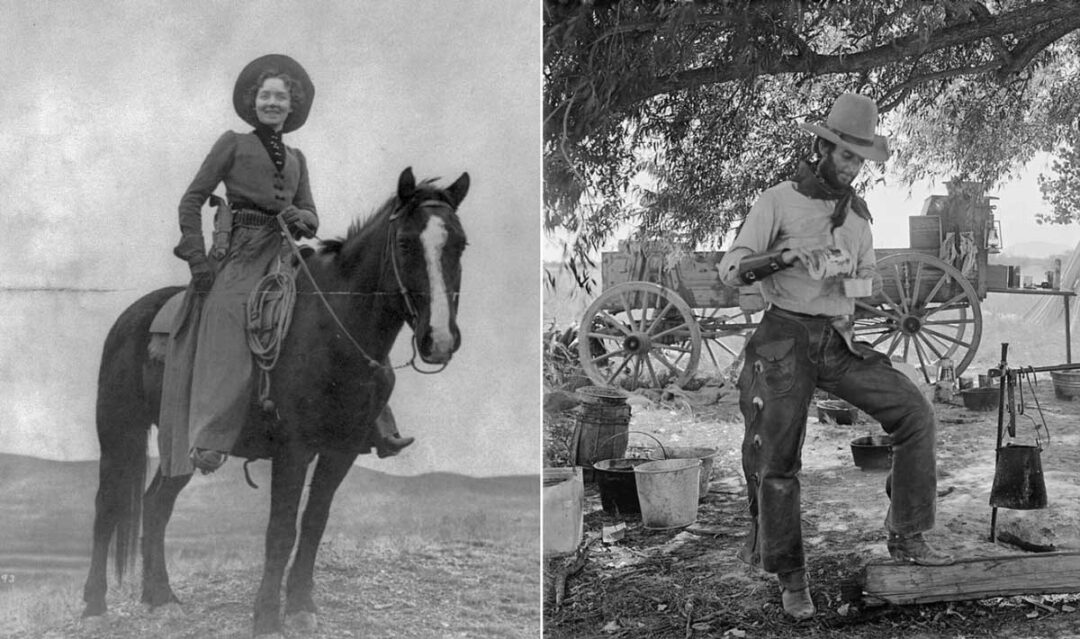 Split image: Left shows a woman in old Western attire on horseback; right shows a man in cowboy gear preparing food by a chuckwagon under a tree, with pots and supplies around him. Both scenes are in black and white.