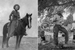 Split image: Left shows a woman in old Western attire on horseback; right shows a man in cowboy gear preparing food by a chuckwagon under a tree, with pots and supplies around him. Both scenes are in black and white.