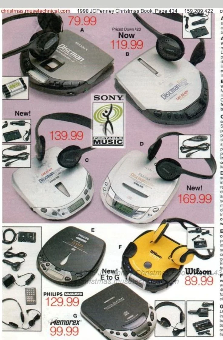A 1998 JC Penney catalog page displays various portable CD players with attached headphones. Different brands and models are shown in silver, black, white, and yellow, with prices ranging from $79.99 to $219.99.