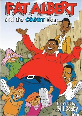 Cartoon poster of "Fat Albert and the Cosby Kids" featuring a joyful, large boy in a red shirt surrounded by smiling friends, with the title and “Narrated by Bill Cosby” written on the image.