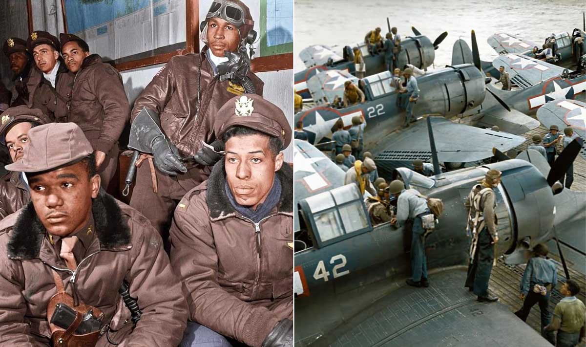 Split image: On the left, Black WWII pilots in brown uniforms sit together indoors. On the right, military personnel prepare and board naval aircraft on a ship’s deck.
