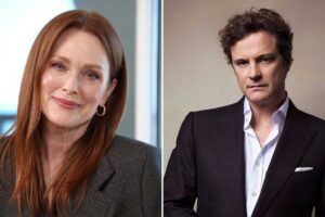 A woman with long red hair and a gentle smile is wearing a dark blazer on the left; on the right, a man with curly brown hair in a dark suit stands against a neutral background.