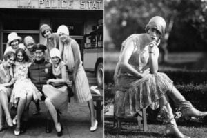 Split image: Left, six women in 1920s flapper dresses pose with a police officer outside an L.A. Police Station. Right, a flapper sits thoughtfully on a bench in a garden, wearing a cloche hat and stylish dress.