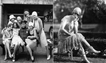 Split image: Left, six women in 1920s flapper dresses pose with a police officer outside an L.A. Police Station. Right, a flapper sits thoughtfully on a bench in a garden, wearing a cloche hat and stylish dress.