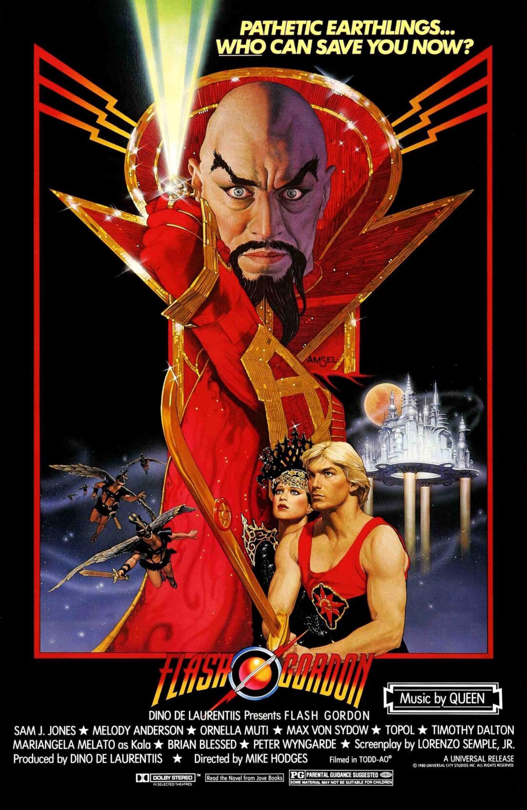 Flash Gordon movie poster featuring a menacing figure with a pointed beard above the title characters, Flash Gordon and a woman. A dramatic sci-fi background includes spaceships and planets. Bold text at the top reads: "Pathetic Earthlings... Who Can Save You Now?