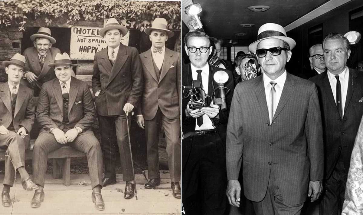 A black-and-white split image: Left—five men in suits and hats pose by a sign saying “Hotel Happy”; Right—an older man in sunglasses and suit walks, surrounded by men and photographers.