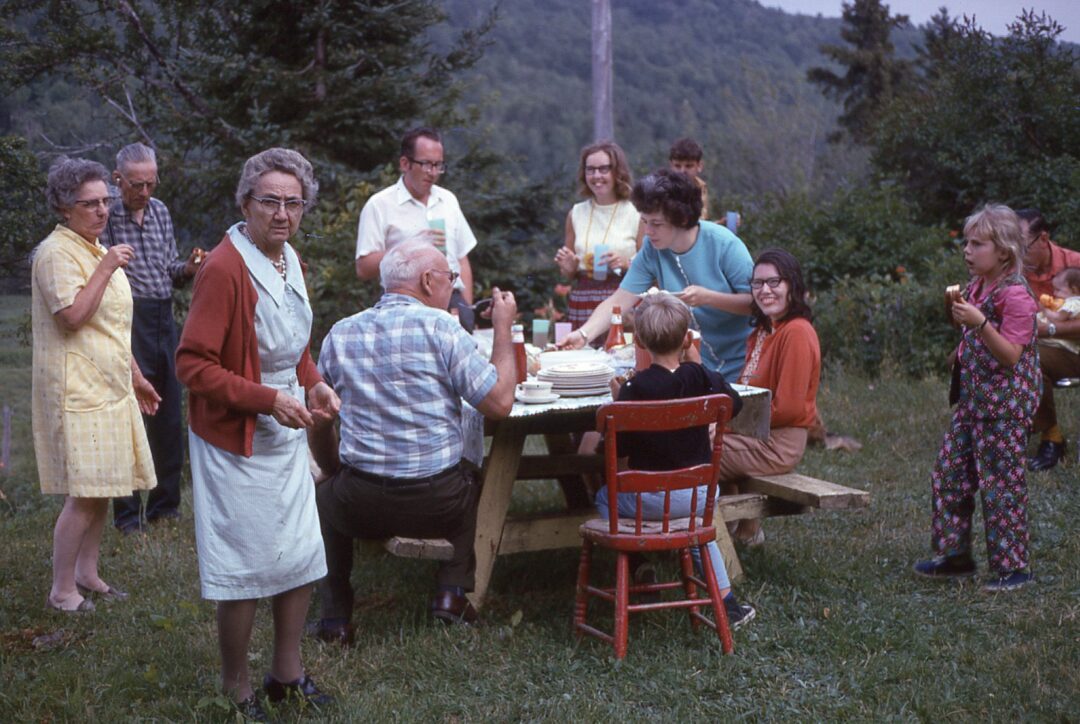 A group of people of various ages enjoy food and conversation around a picnic table outdoors in a grassy, wooded area on a sunny day. Plates, cups, and a red chair are visible as some stand and others sit.