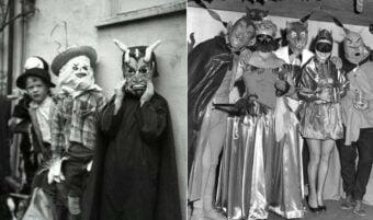 Two black and white photos show groups of people in vintage Halloween costumes and masks, including devils, animals, and ghostly figures, standing together and posing for the camera.