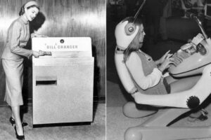 Left: Woman in vintage attire uses a bill changer machine. Right: Woman sits in a futuristic chair with a helmet and types on a keyboard at a retro technology exhibit.
